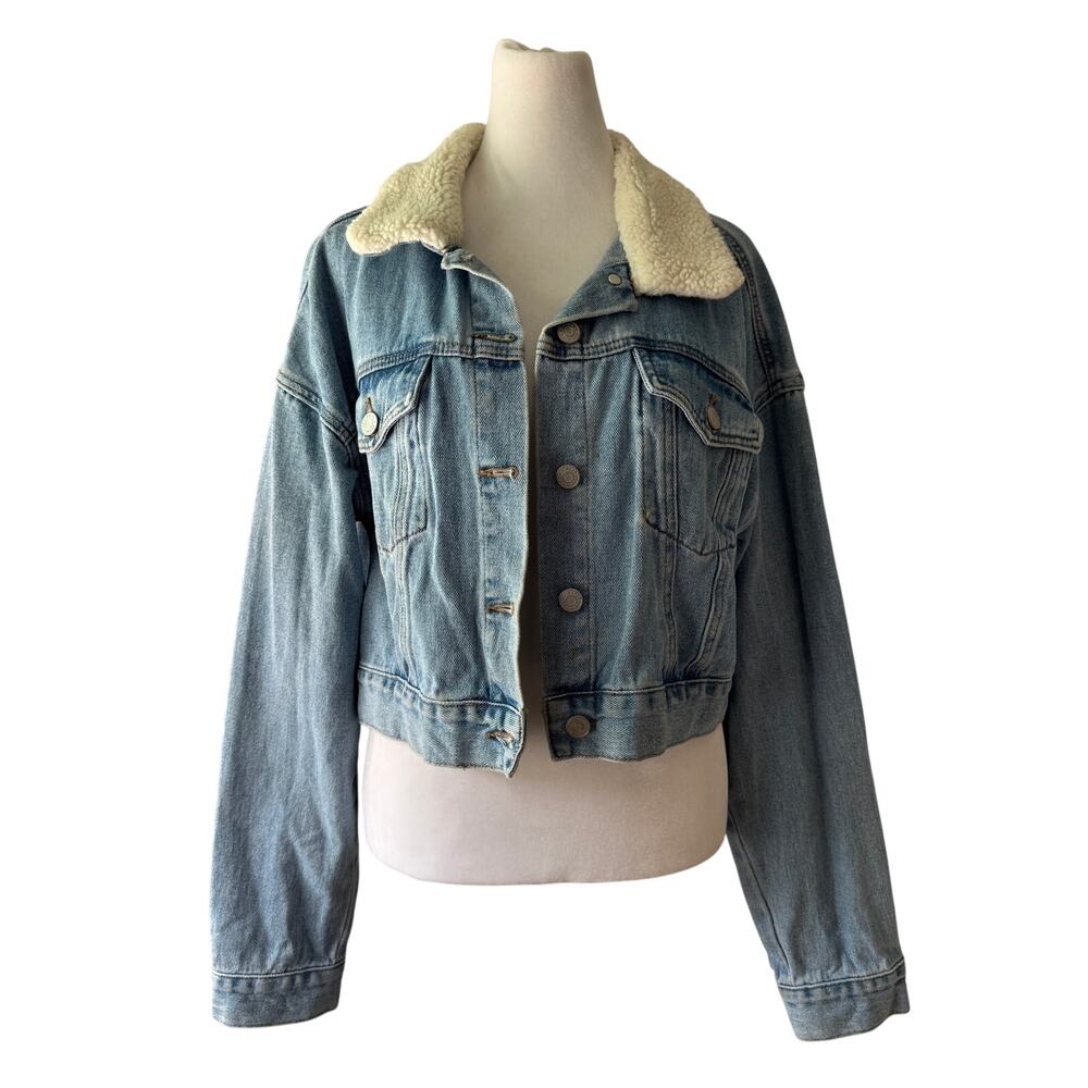 PacSun Teddy Trim Cropped Button Front Denim Jacket